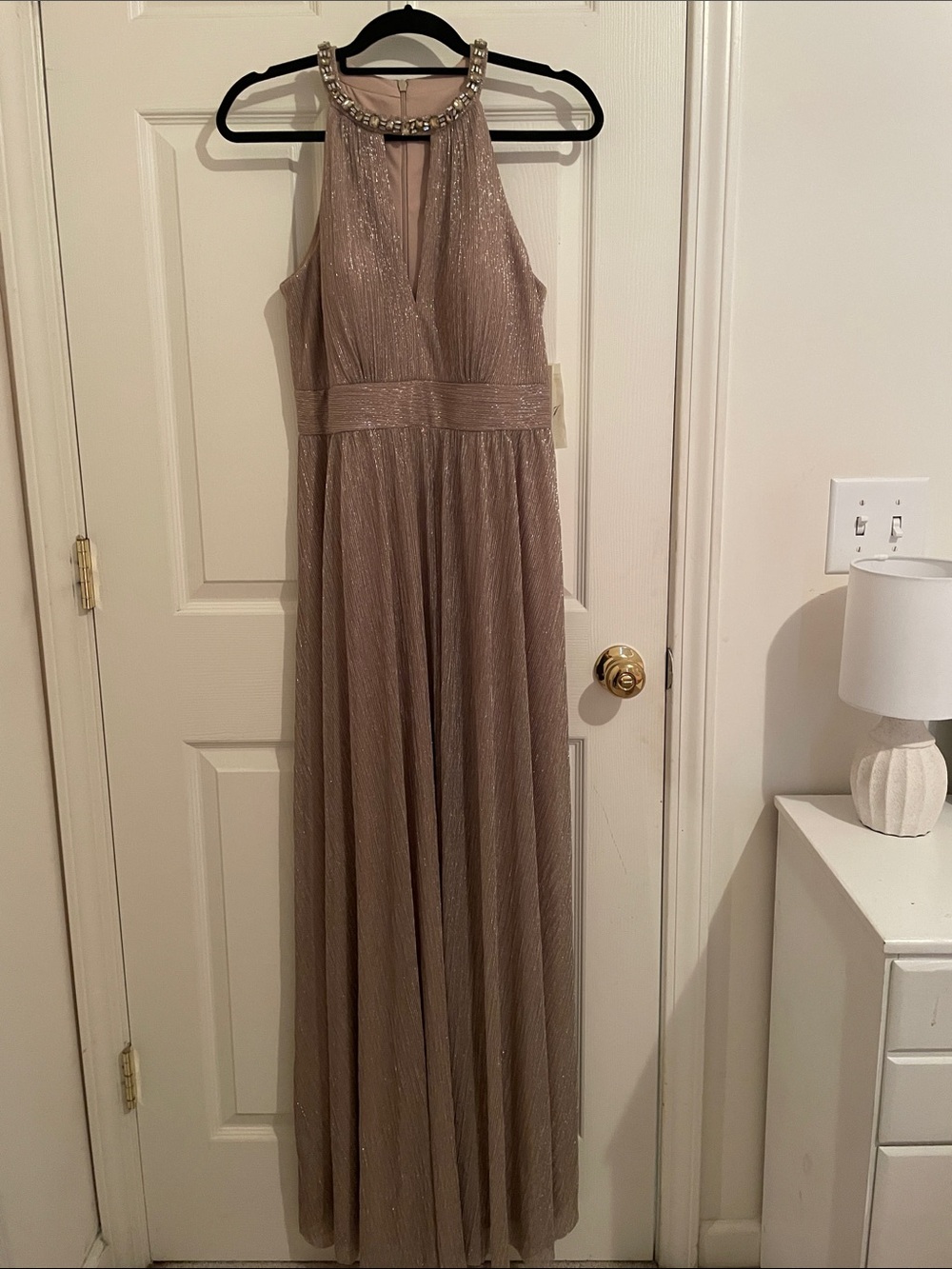 Eliza J Taupe Shimmer Halter Maxi Dress with Beaded Neckline Size 8 NWT Event